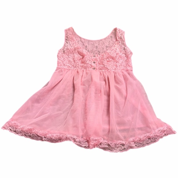 70s European Vintage Floral Lace and Tulle Babydoll Sheer Mini Slip (Pink) XS/S - Picture 1 of 9